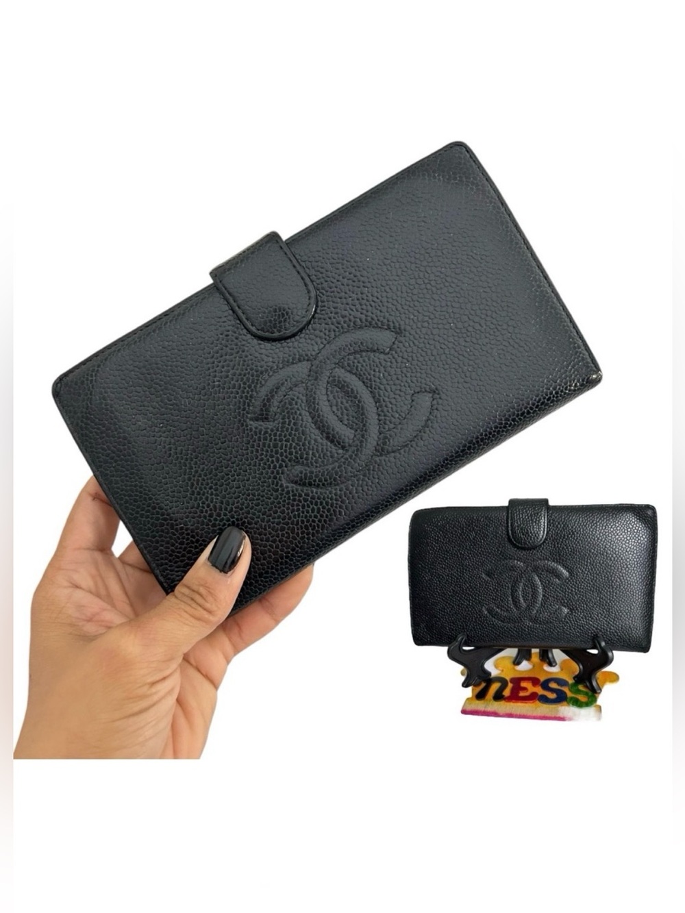 CHANEL CC Caviar Skin Leather Bifold Long Vintage Womens Wallet Black Authentic - Picture 1 of 17